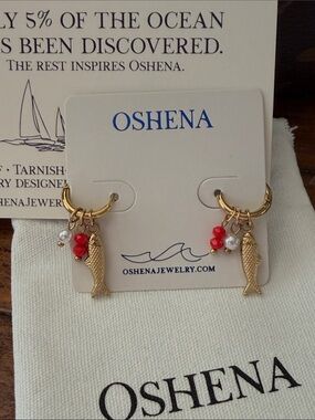 Oshena designer beachwear Gold Fish Hoop Earrings with beads and pearls